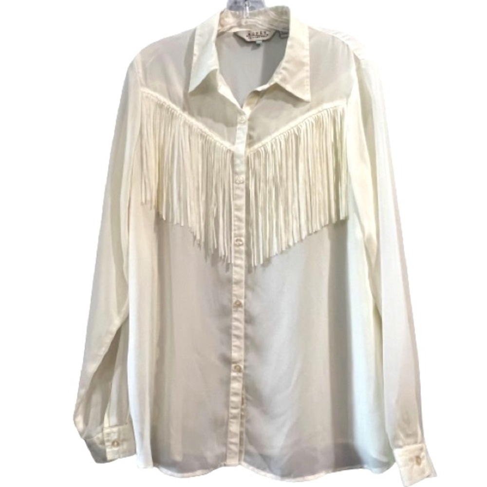 Roper Western Self Fringe Long Sleeve Button Up Shirt Sheer 100% Polyester XL